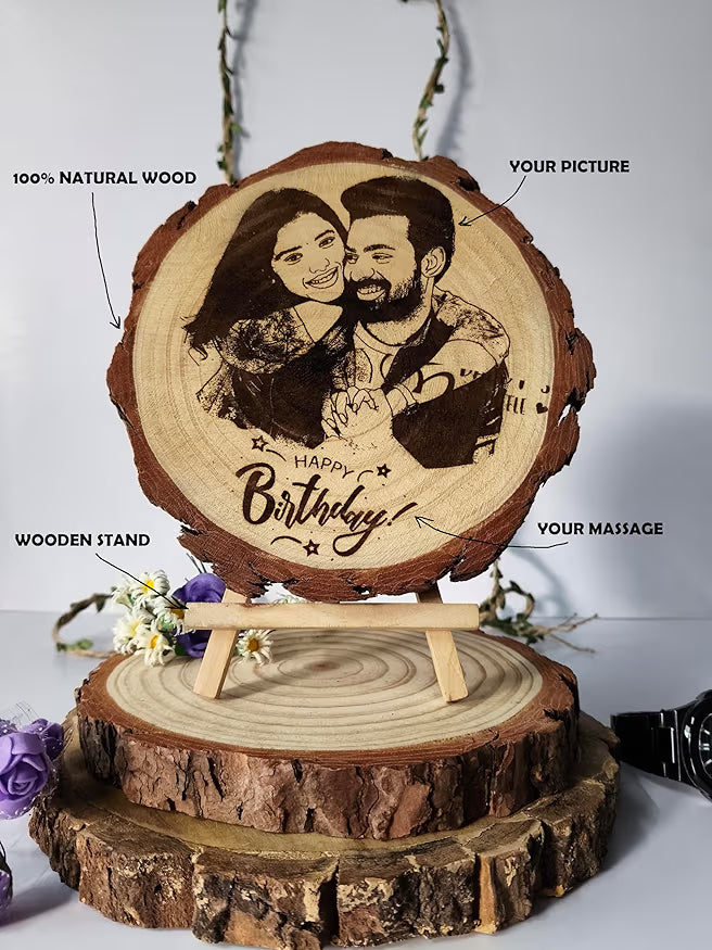 Custom Natural Wood Engraved Photo Frame – Round Personalized Memory Frame