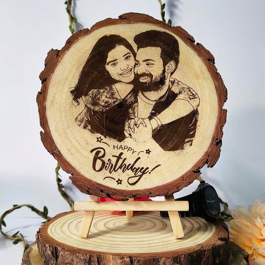 Custom Natural Wood Engraved Photo Frame – Round Personalized Memory Frame